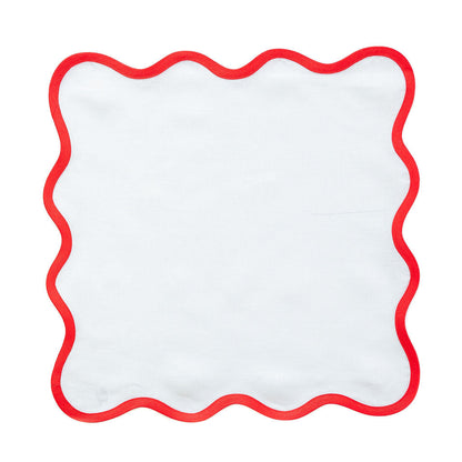 Linen Scalloped Square | Lily White with Rosebud Red