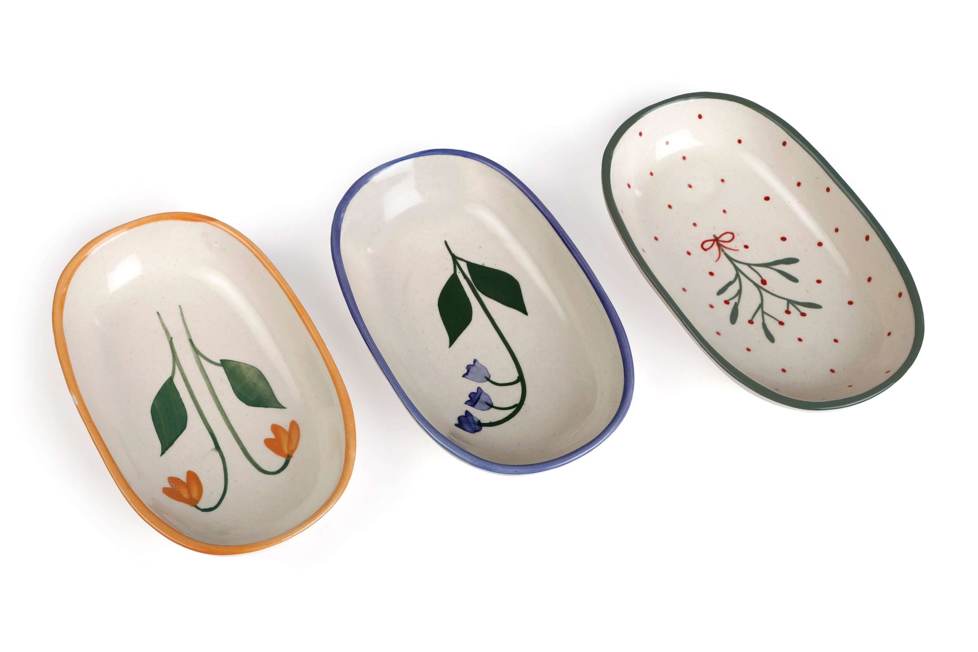 Handmade Ceramic Serving Bowl - Mist , 1.5 x 8 x 4 Inches - Set of 4 featuring handcrafted floral designs in vibrant colors.
