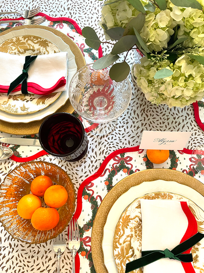 Linen Scalloped Square | Lily White with Rosebud Red