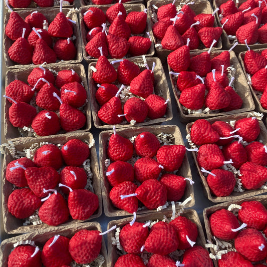 Strawberry Candles - 8 Pack in adorable berry baskets, handcrafted artisan decor for a berry paradise.