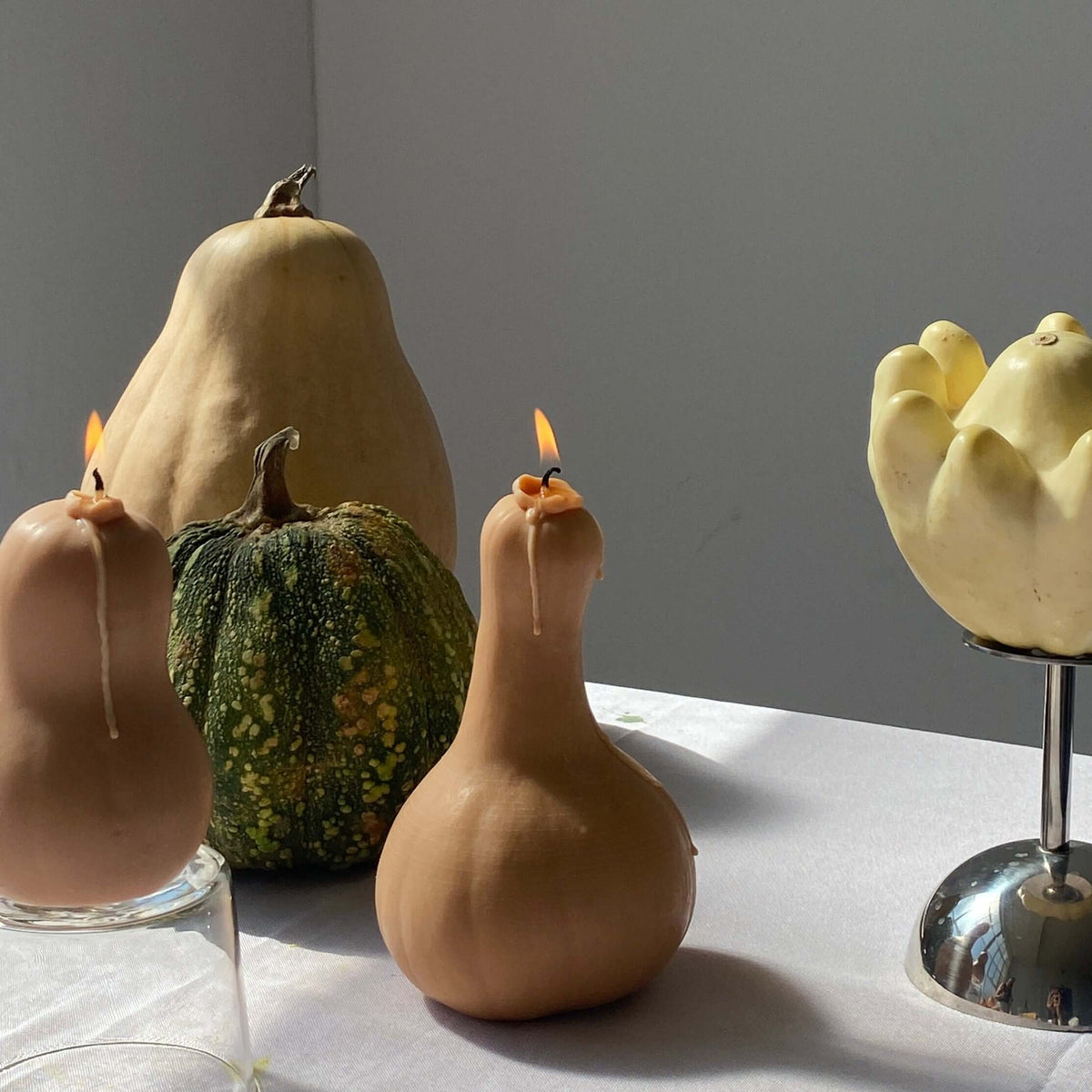 Butternut Squash Candle and decorative gourds for artisan home decor, handcrafted in Los Angeles.
