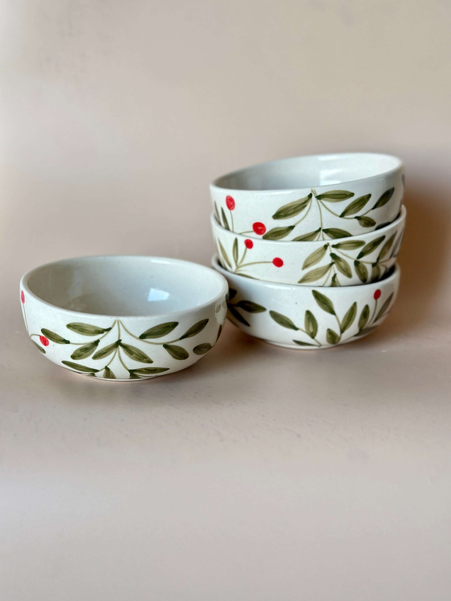 Holly Leaf Small Bowl Set in Olive | Ceramic Snack Bowls stacked and ready for serving artisanal decor.
