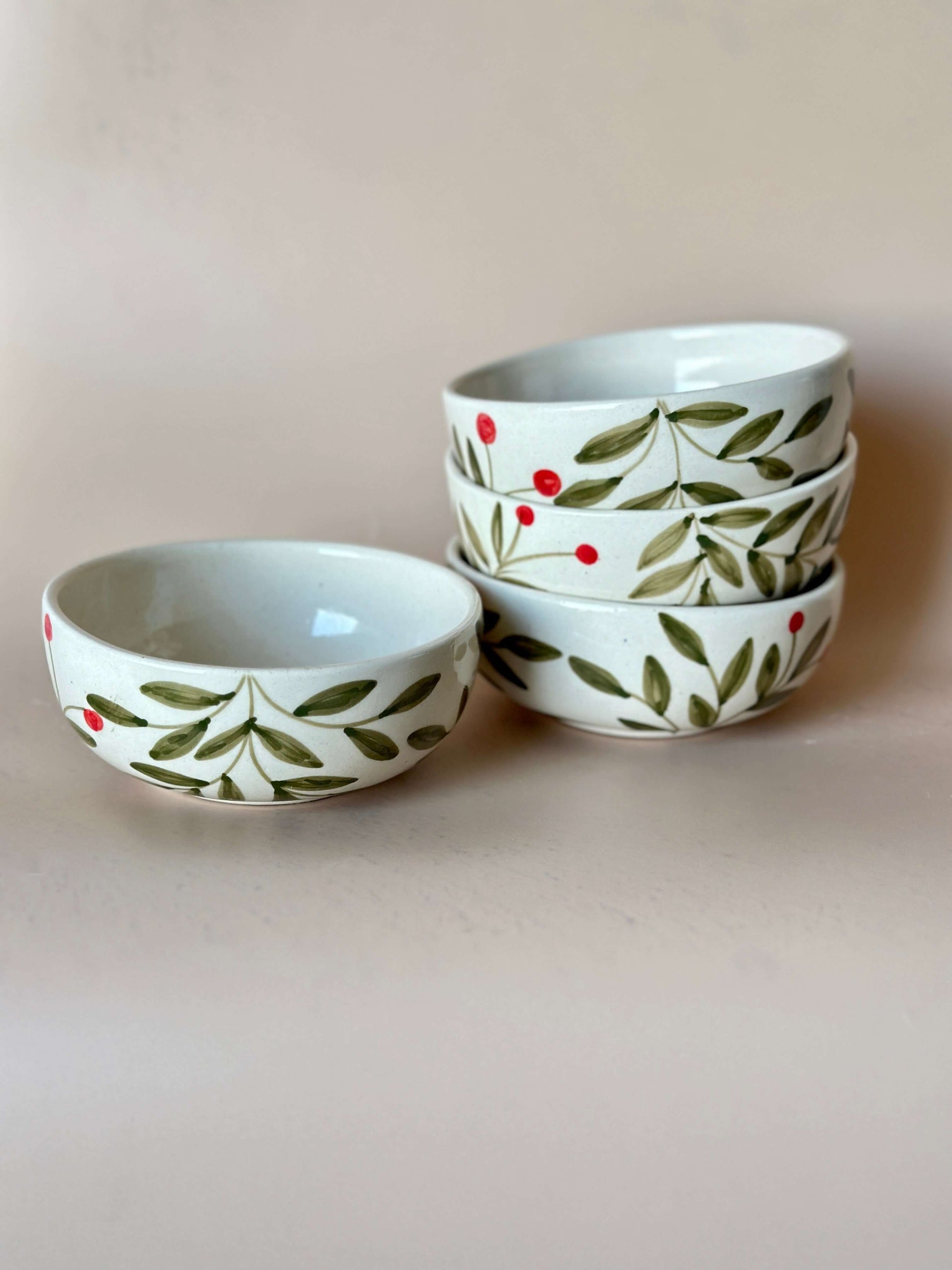 Holly Leaf Small Bowl Set in Olive | Ceramic Snack Bowls stacked and ready for serving artisanal decor.