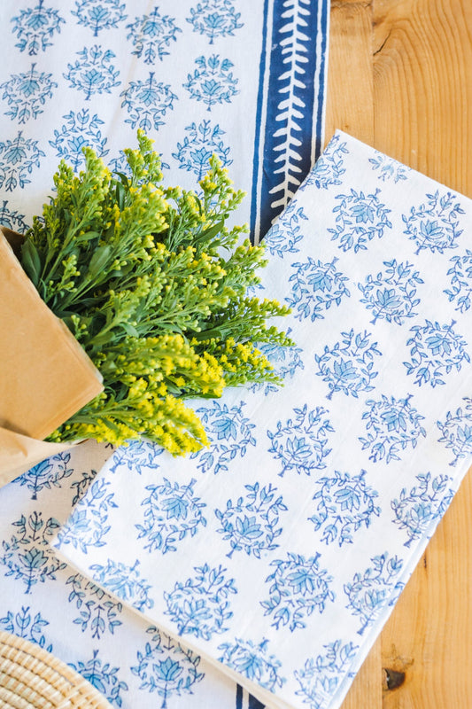 Lotus Table Throw | Navy & Uniform Blue with Vine Border The Mended Company