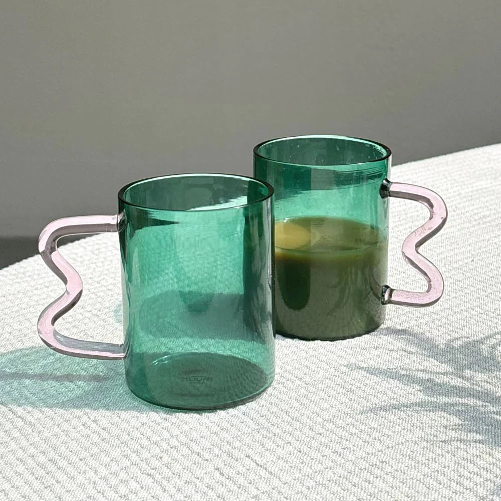 Swirl Glass Cup | Set of 4 | Teal with Pink Handle cups Casa Amarosa