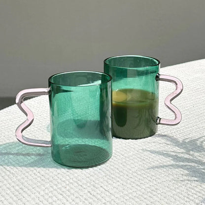 Swirl Glass Cup | Set of 4 | Teal with Pink Handle cups Casa Amarosa