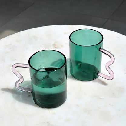 Swirl Glass Cup | Set of 4 | Teal with Pink Handle cups Casa Amarosa