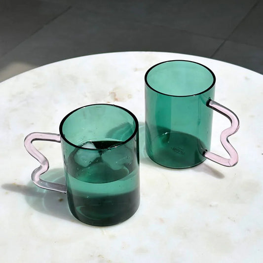 Swirl Glass Cup | Set of 4 | Teal with Pink Handle cups Casa Amarosa
