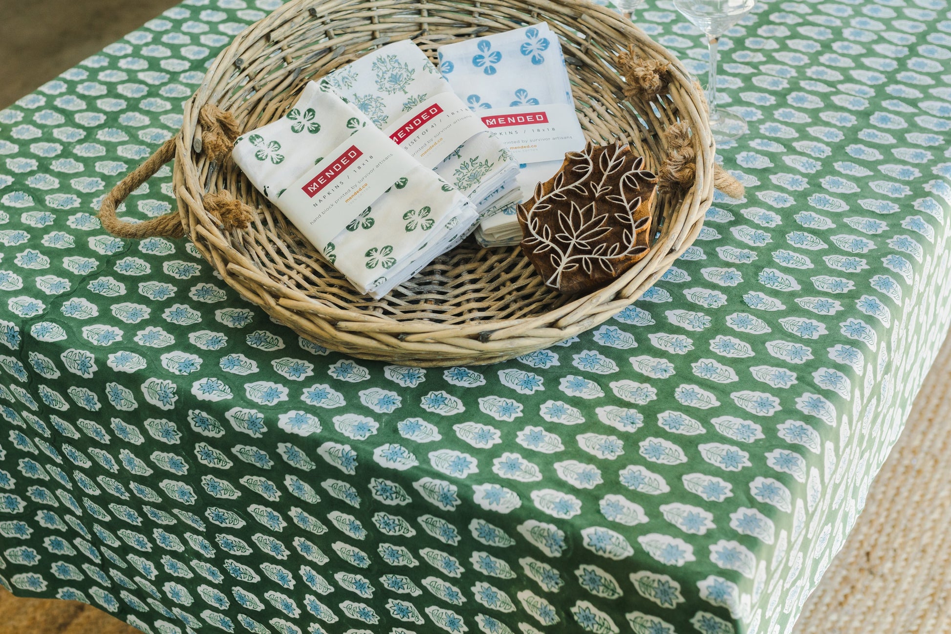 Poinsettia Tablecloth | Sage & Uniform Blue The Mended Company
