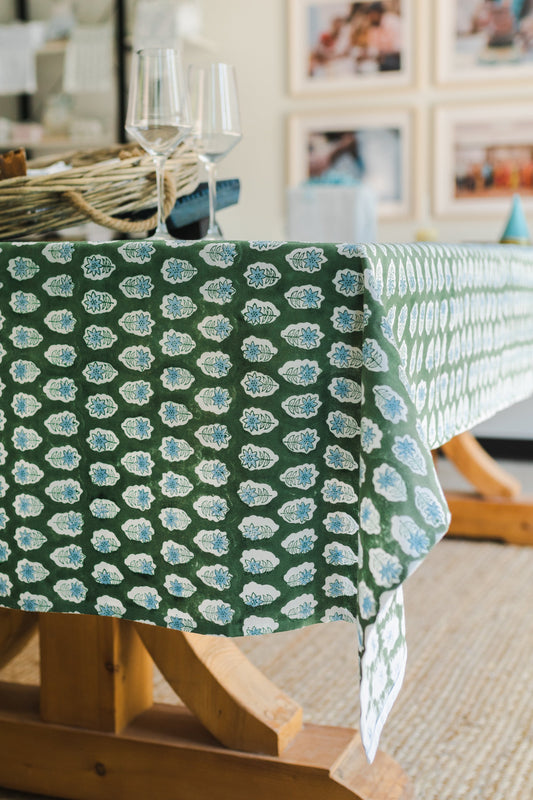 Poinsettia Tablecloth | Sage & Uniform Blue The Mended Company