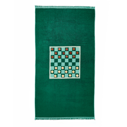 Green checkered towel with a geometric pattern on a white background