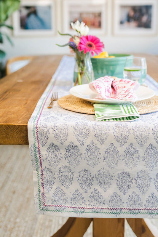 Vara Table Runner | Navy with Pink & Green Stitching The Mended Company