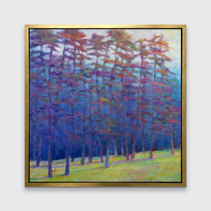 Art Print of a tranquil forest scene, showcasing warm contrasts and cool blues by Ken Elliott.