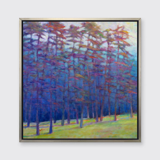 Art Print of forest scene with cool blues and warm contrasts by Ken Elliott, limited edition canvas art.