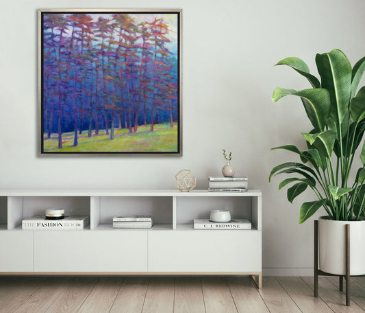 Art Print of serene forest scene with vibrant colors, enhancing modern living room aesthetics.