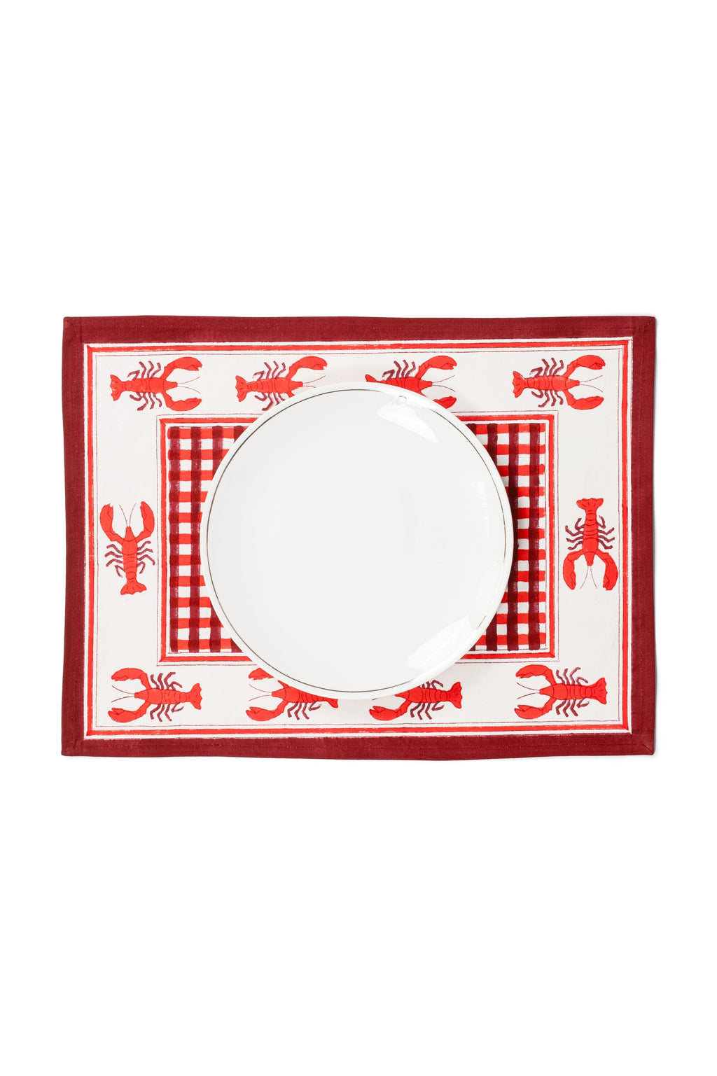 Lobster Red Gingham Blockprint Placemat, Set of 2