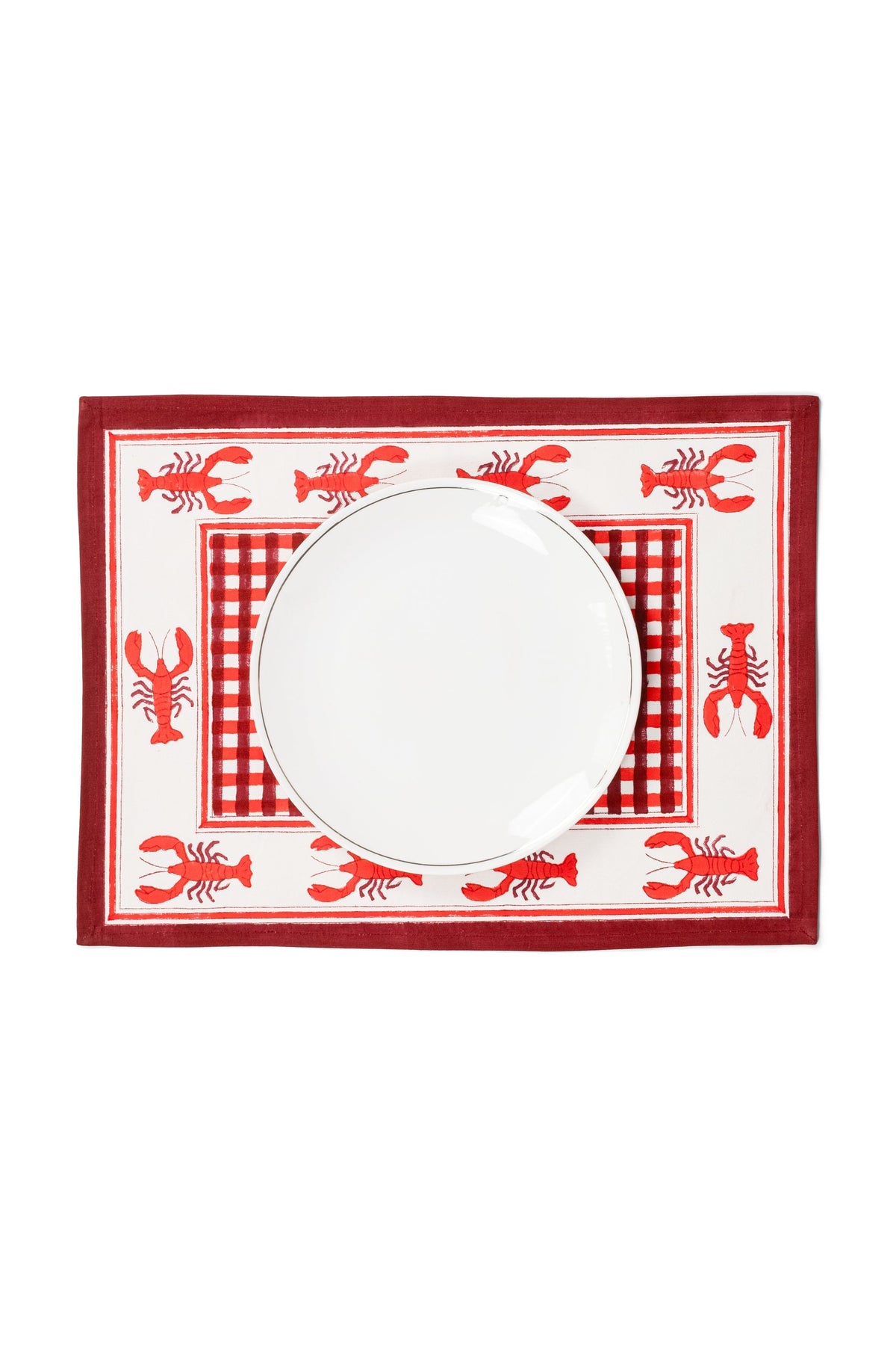 Lobster Red Gingham Blockprint Placemat, Set of 2