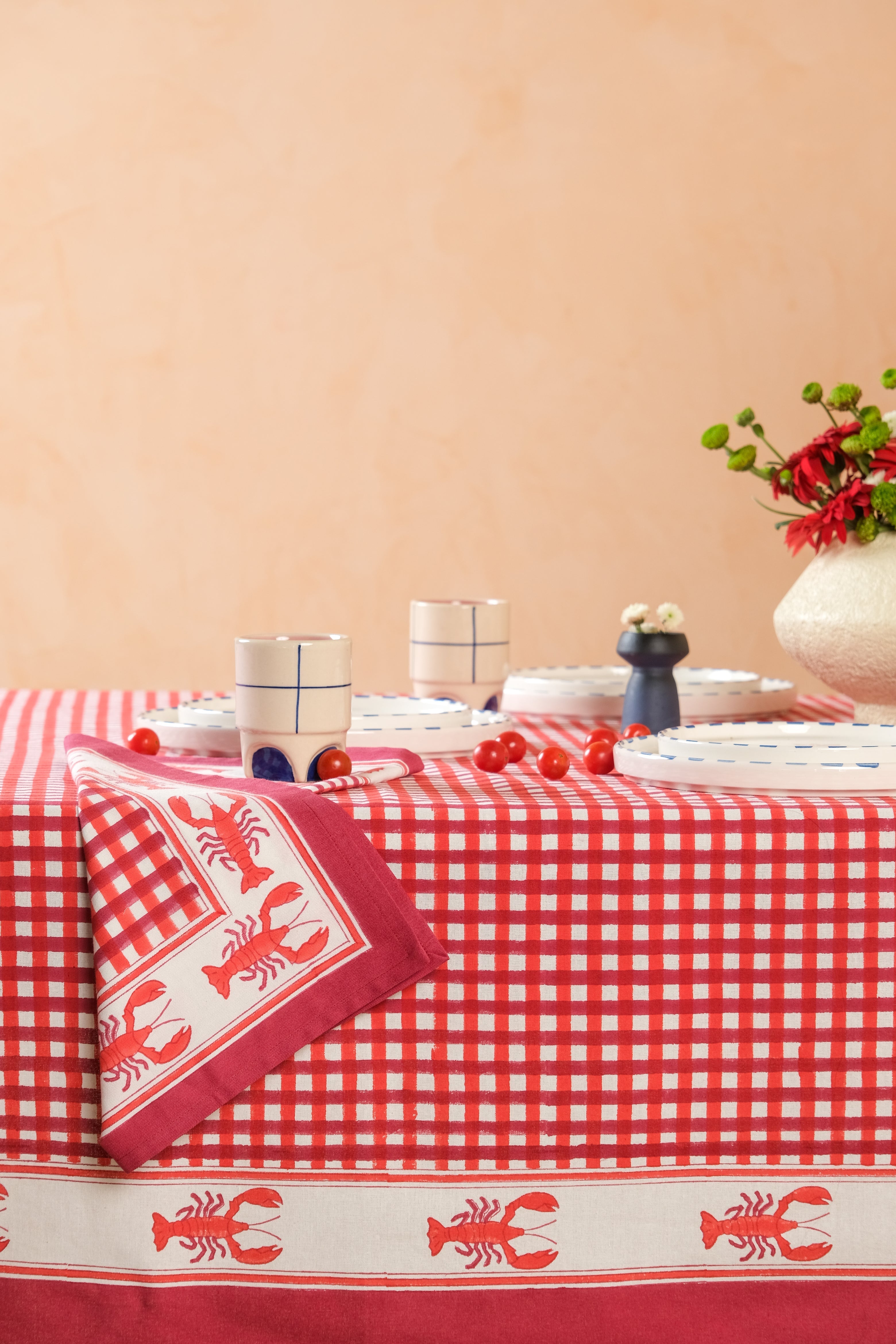 Lobster Red Gingham Blockprint Tablecloth