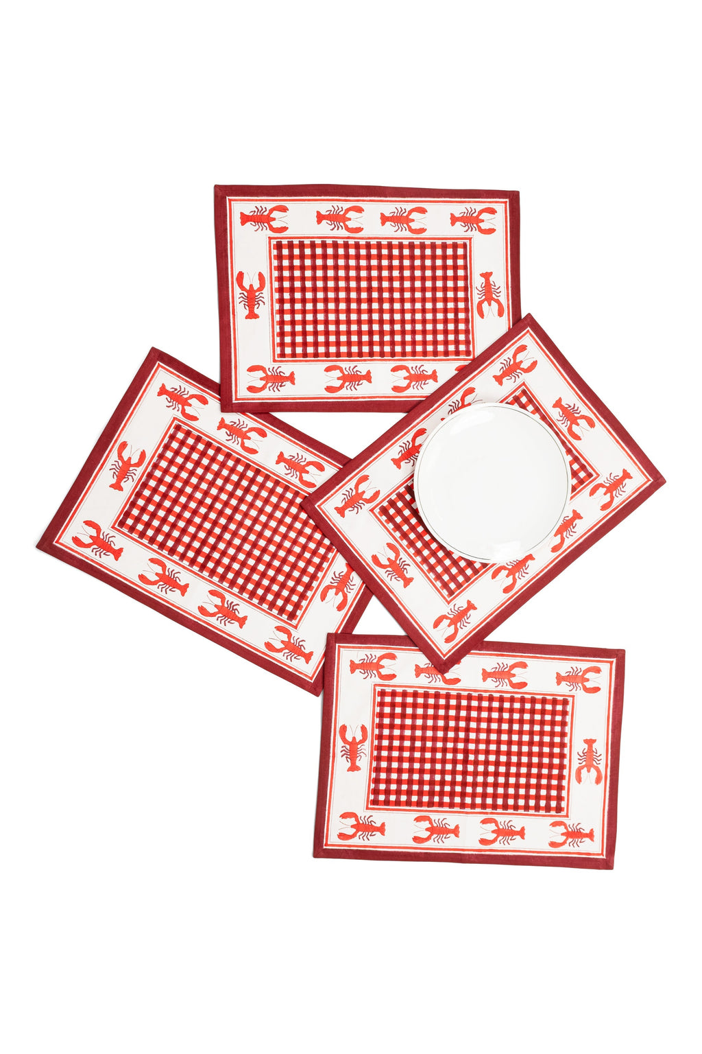 Lobster Red Gingham Blockprint Placemat, Set of 2