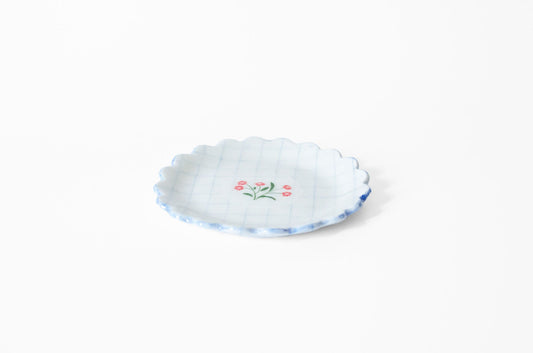 Nerikomi Small Plate | Grid & Red Flower Saori M Stoneware