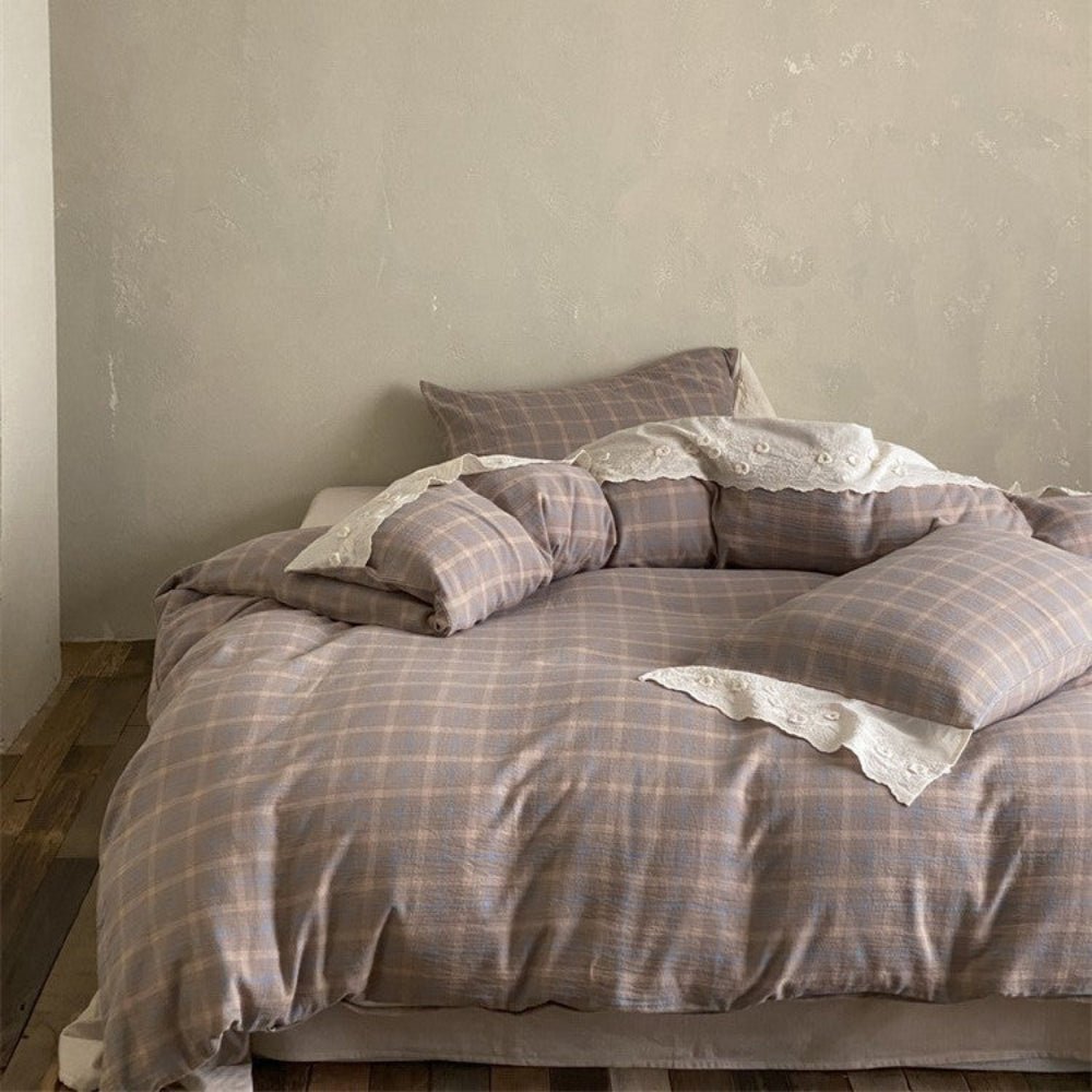 June Lace Double Gauze Gingham Bedding Set / Red