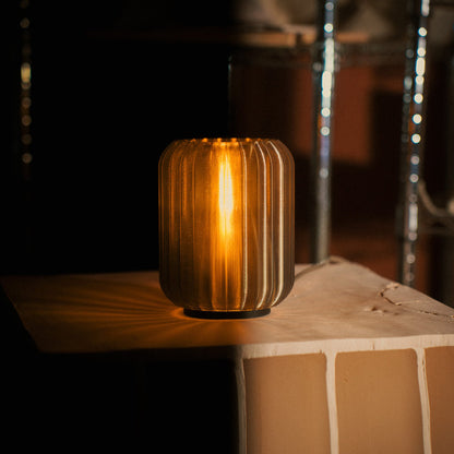 Mini Allium Lamp with soft ambient light on display, showcasing its sculptural elegance and cordless design.
