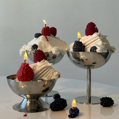 Strawberry Candles - 8 Pack in decorative bowls with whipped cream and fresh berries, artisan handmade decor.