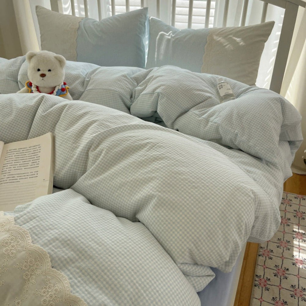 Sophia Gingham Lace Washed Cotton Bedding Set / Pink