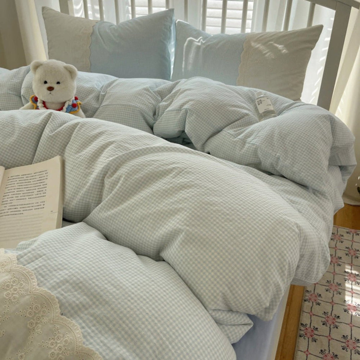 Sophia Gingham Lace Washed Cotton Bedding Set / Pink
