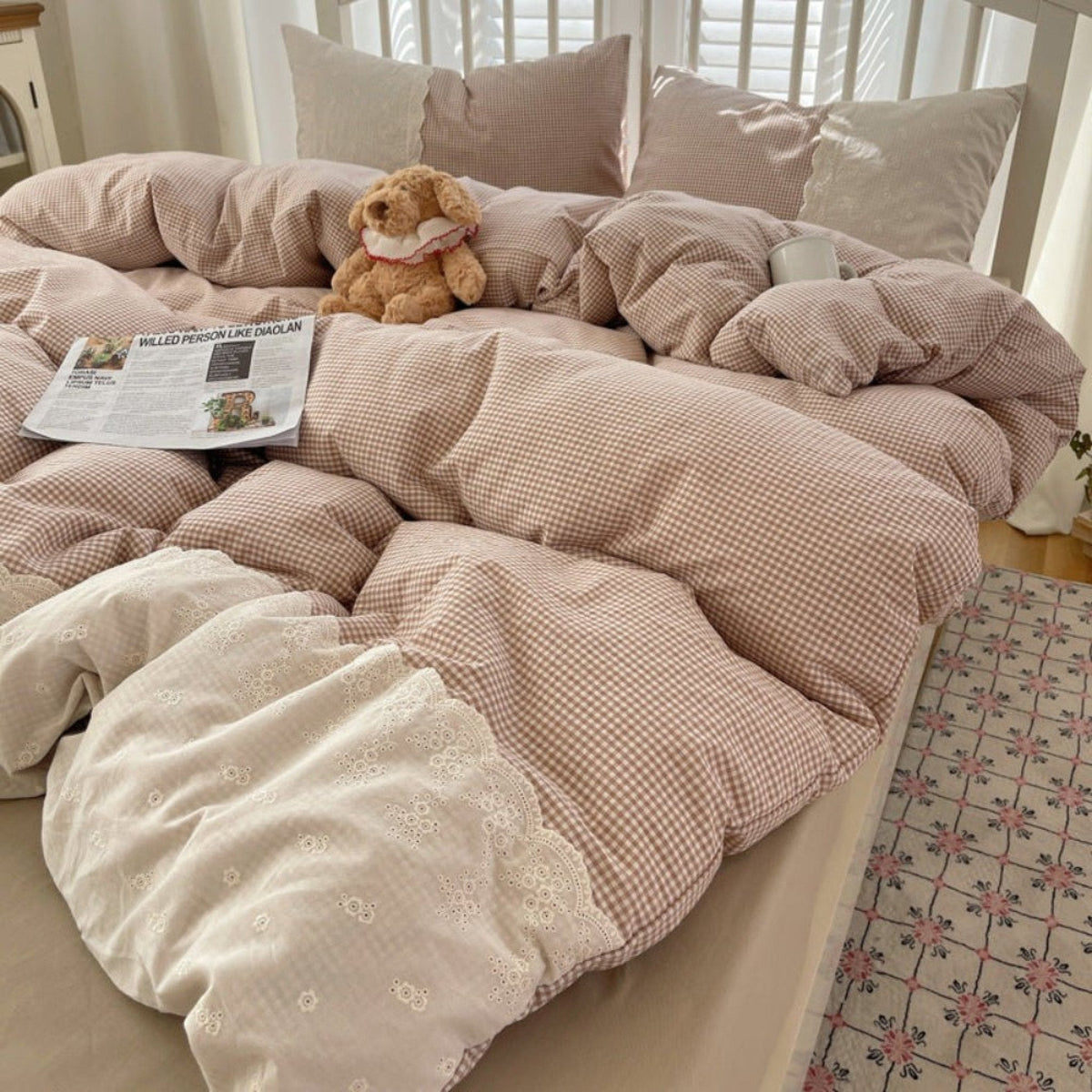 Sophia Gingham Lace Washed Cotton Bedding Set / Pink