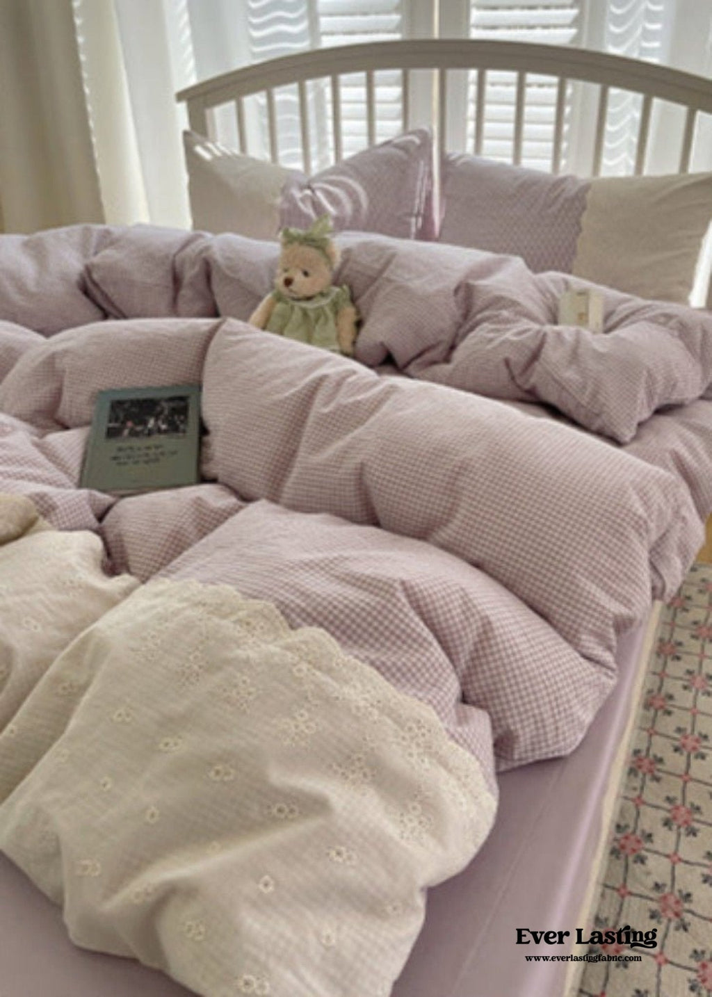 Sophia Gingham Lace Washed Cotton Bedding Set / Pink