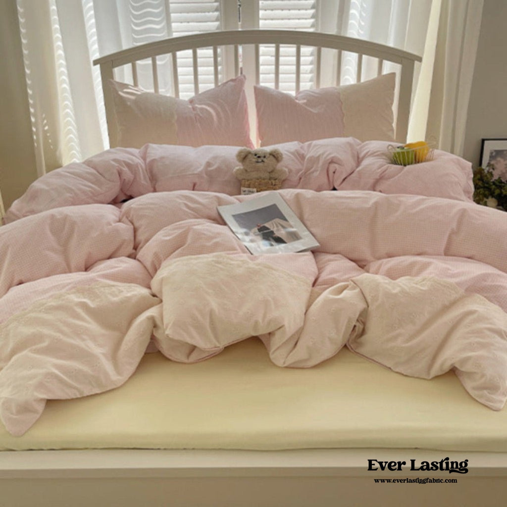 Sophia Gingham Lace Washed Cotton Bedding Set / Pink