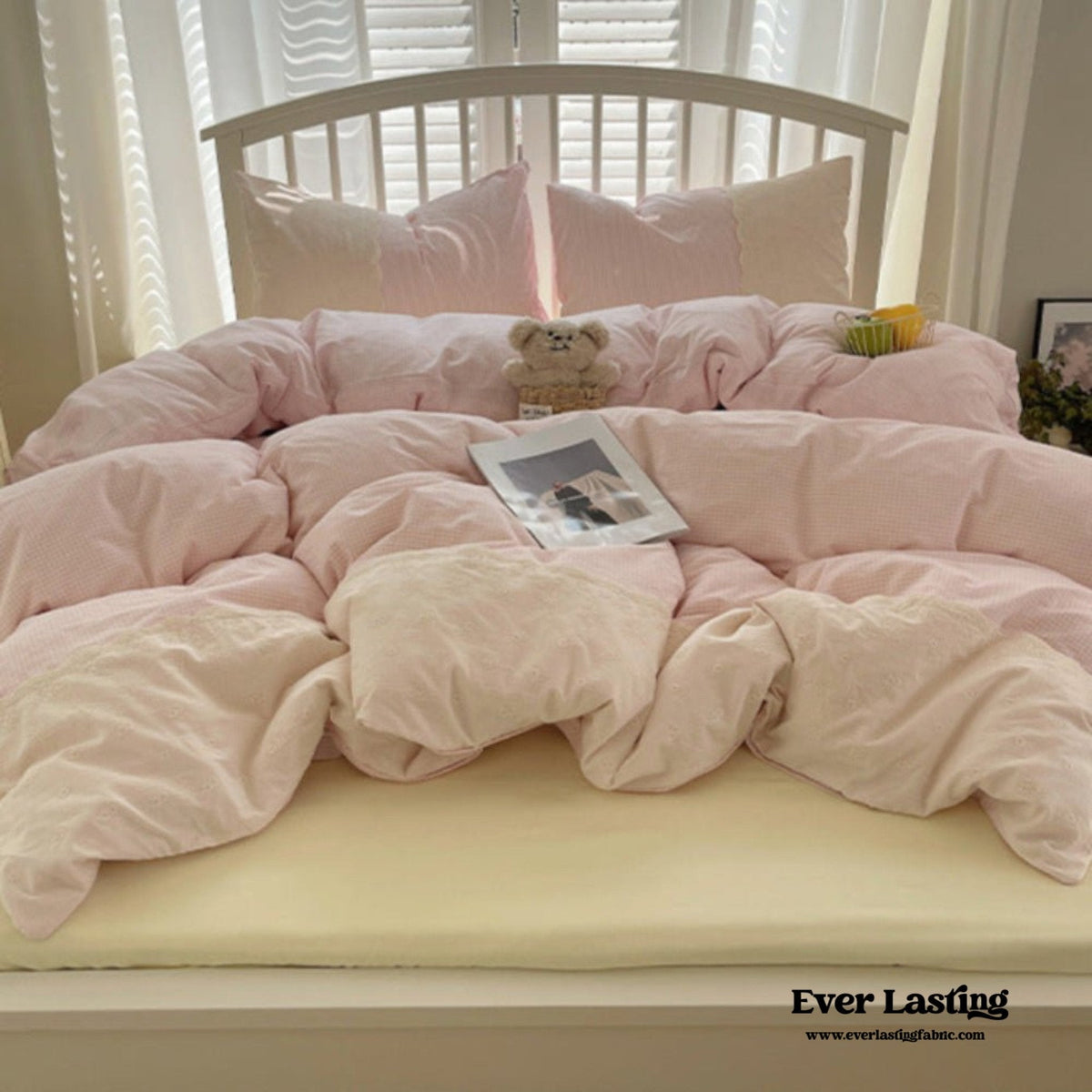 Sophia Gingham Lace Washed Cotton Bedding Set / Pink