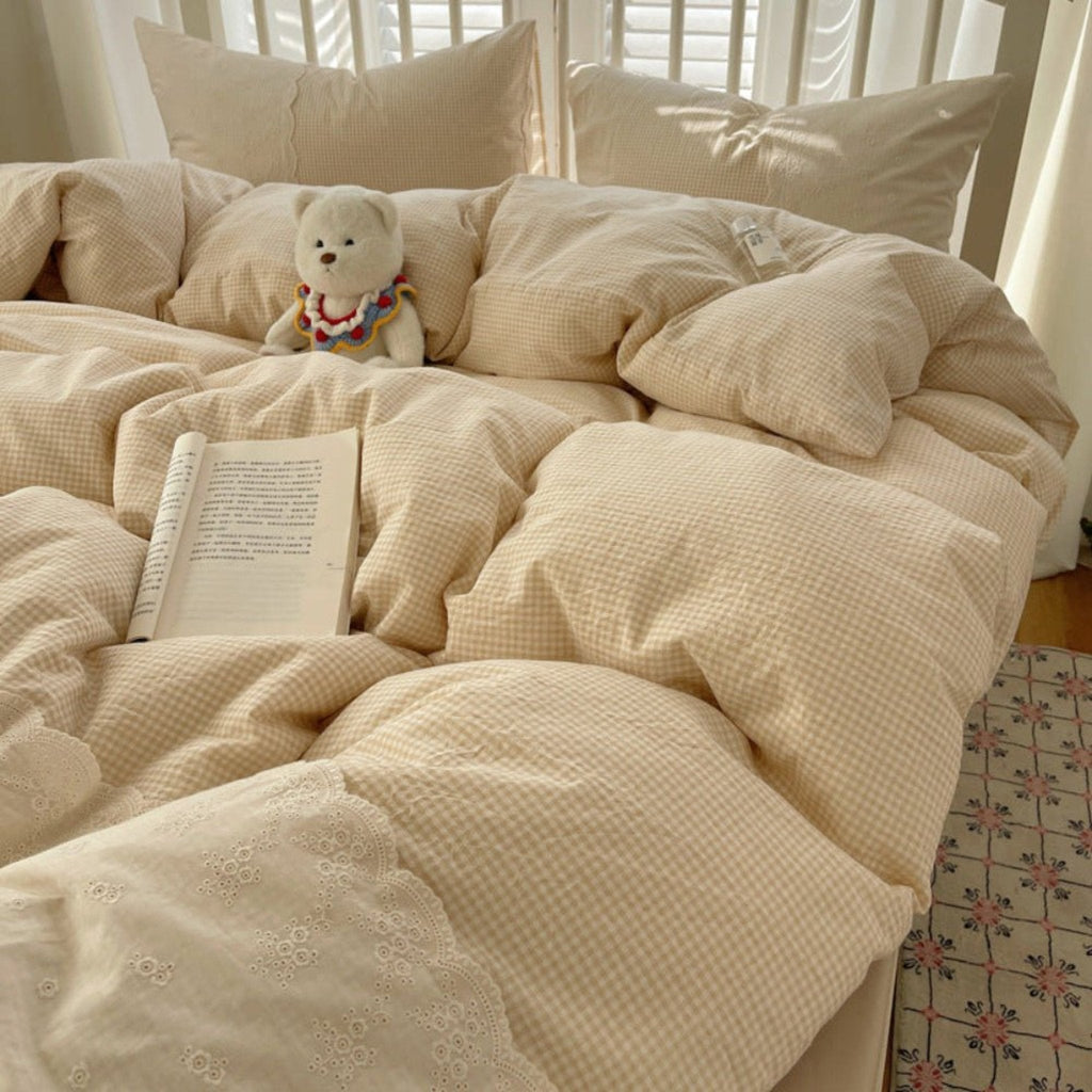 Sophia Gingham Lace Washed Cotton Bedding Set / Pink