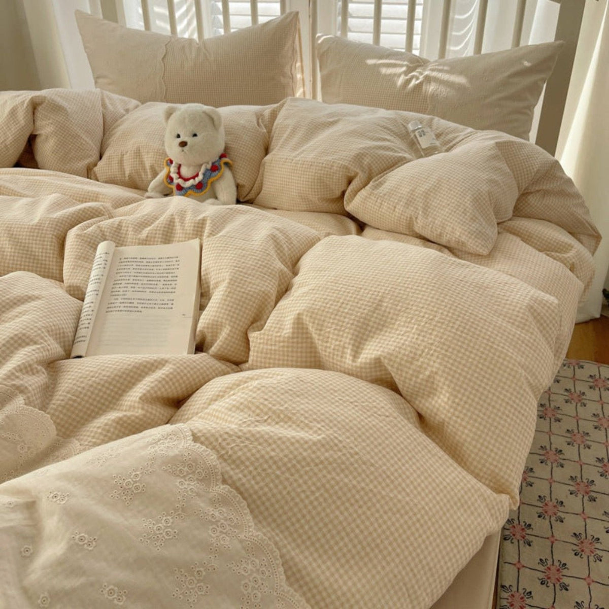 Sophia Gingham Lace Washed Cotton Bedding Set / Pink