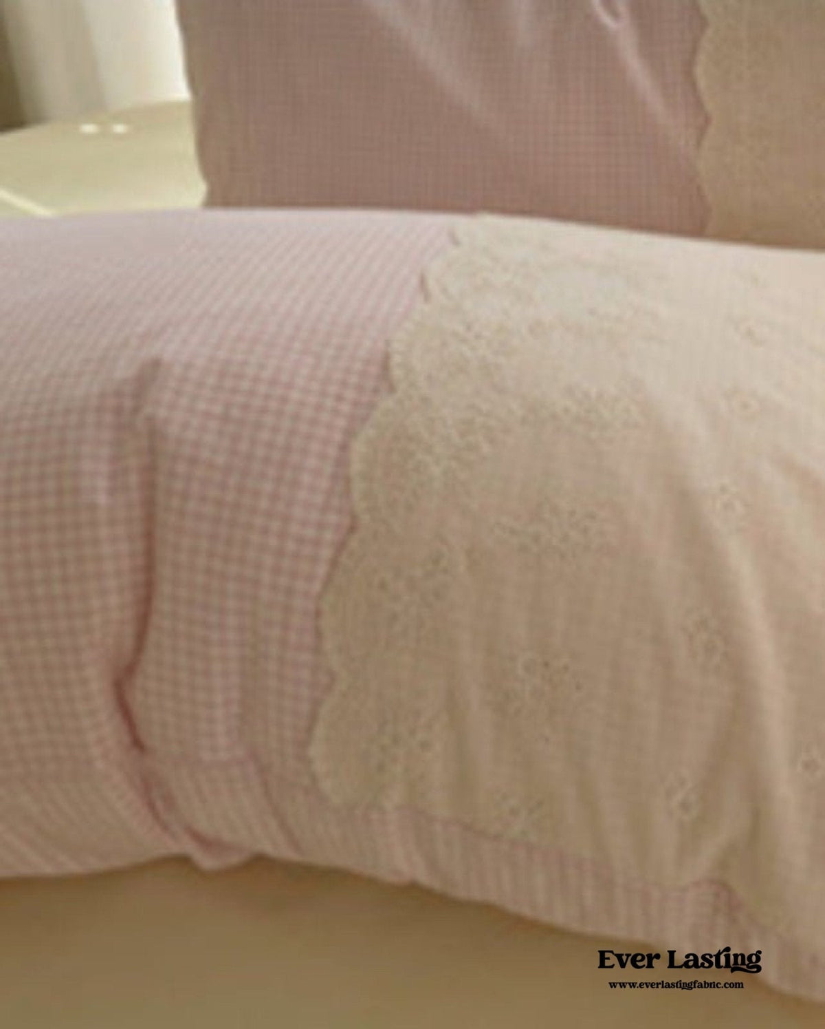 Sophia Gingham Lace Washed Cotton Bedding Set / Pink