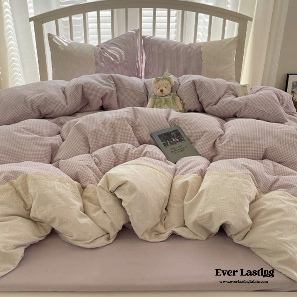 Sophia Gingham Lace Washed Cotton Bedding Set / Pink