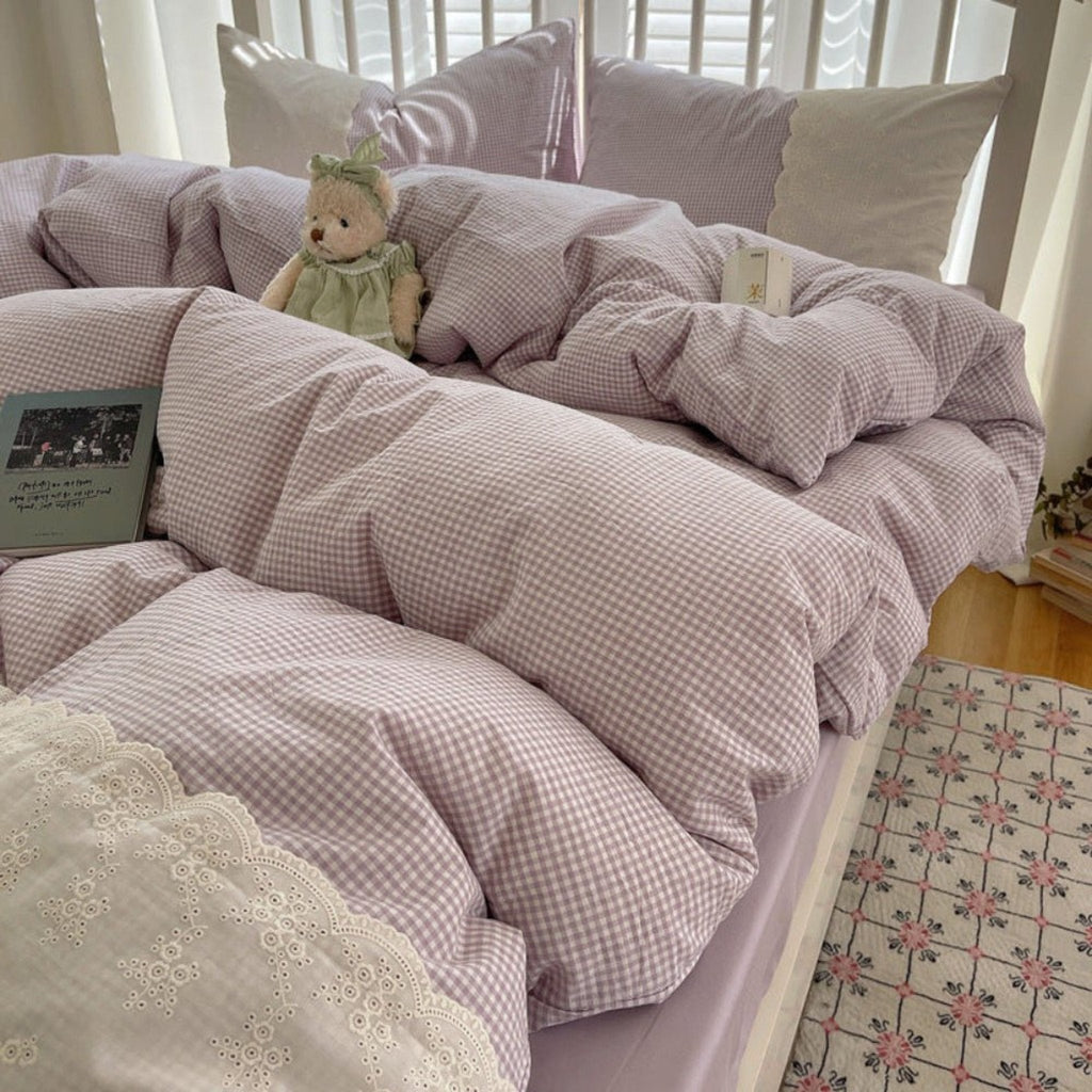 Sophia Gingham Lace Washed Cotton Bedding Set / Pink