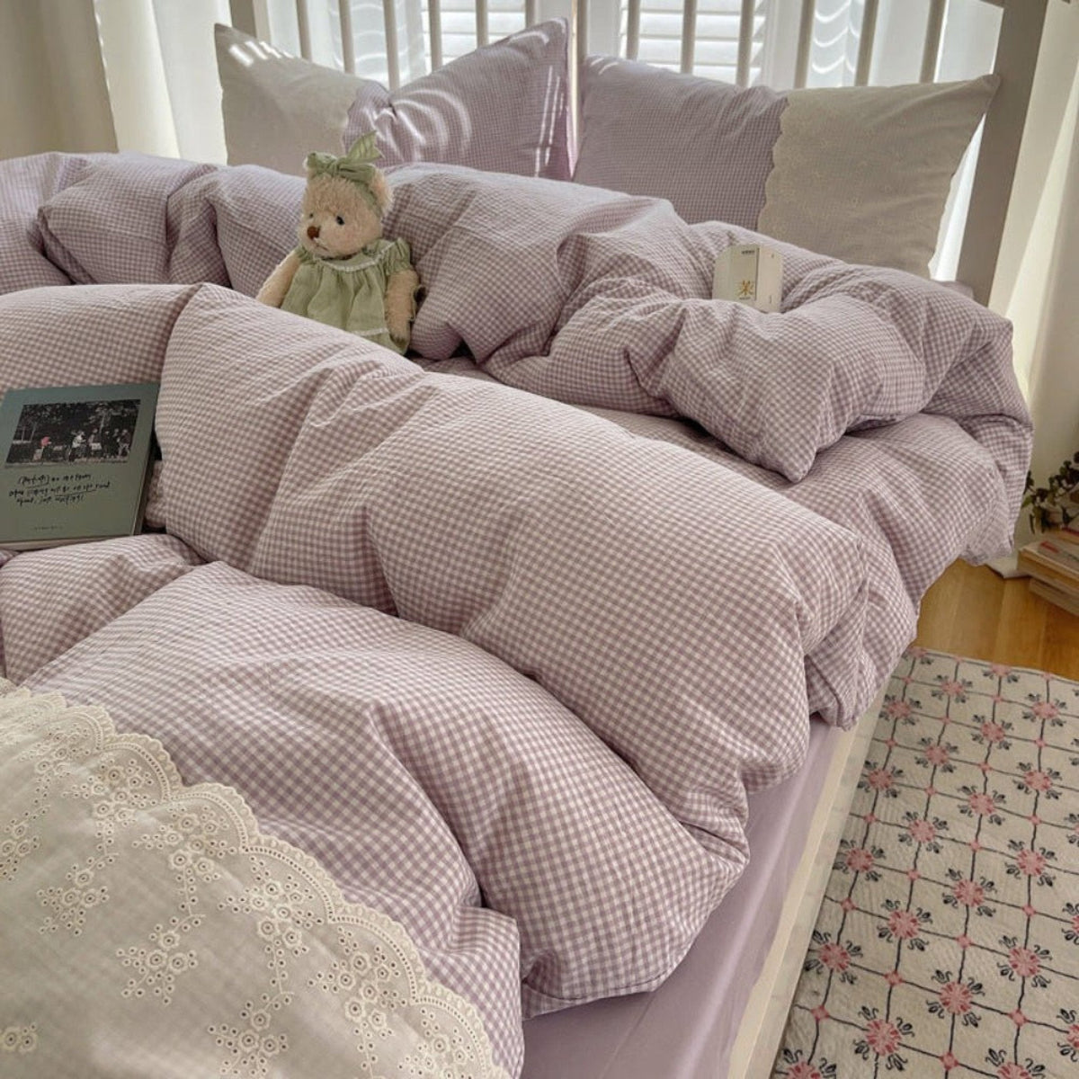 Sophia Gingham Lace Washed Cotton Bedding Set / Pink