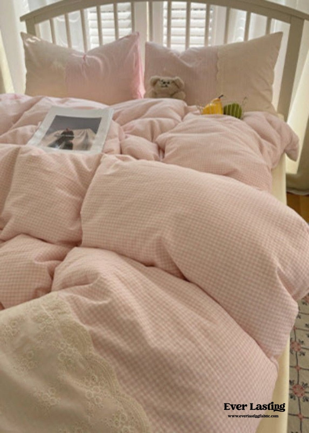 Sophia Gingham Lace Washed Cotton Bedding Set / Pink