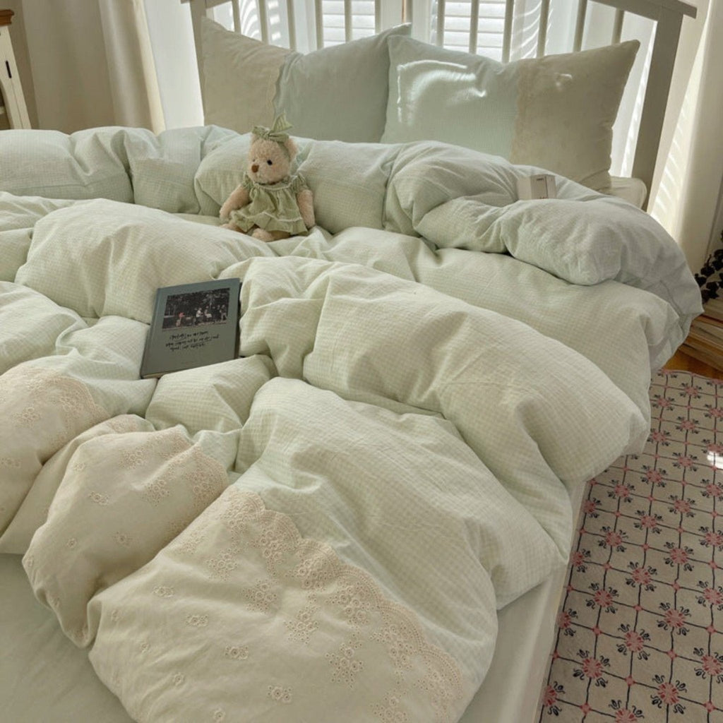 Sophia Gingham Lace Washed Cotton Bedding Set / Pink