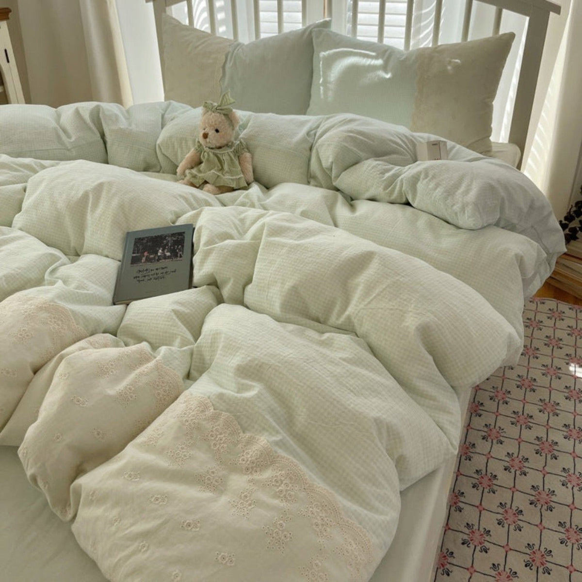 Sophia Gingham Lace Washed Cotton Bedding Set / Pink