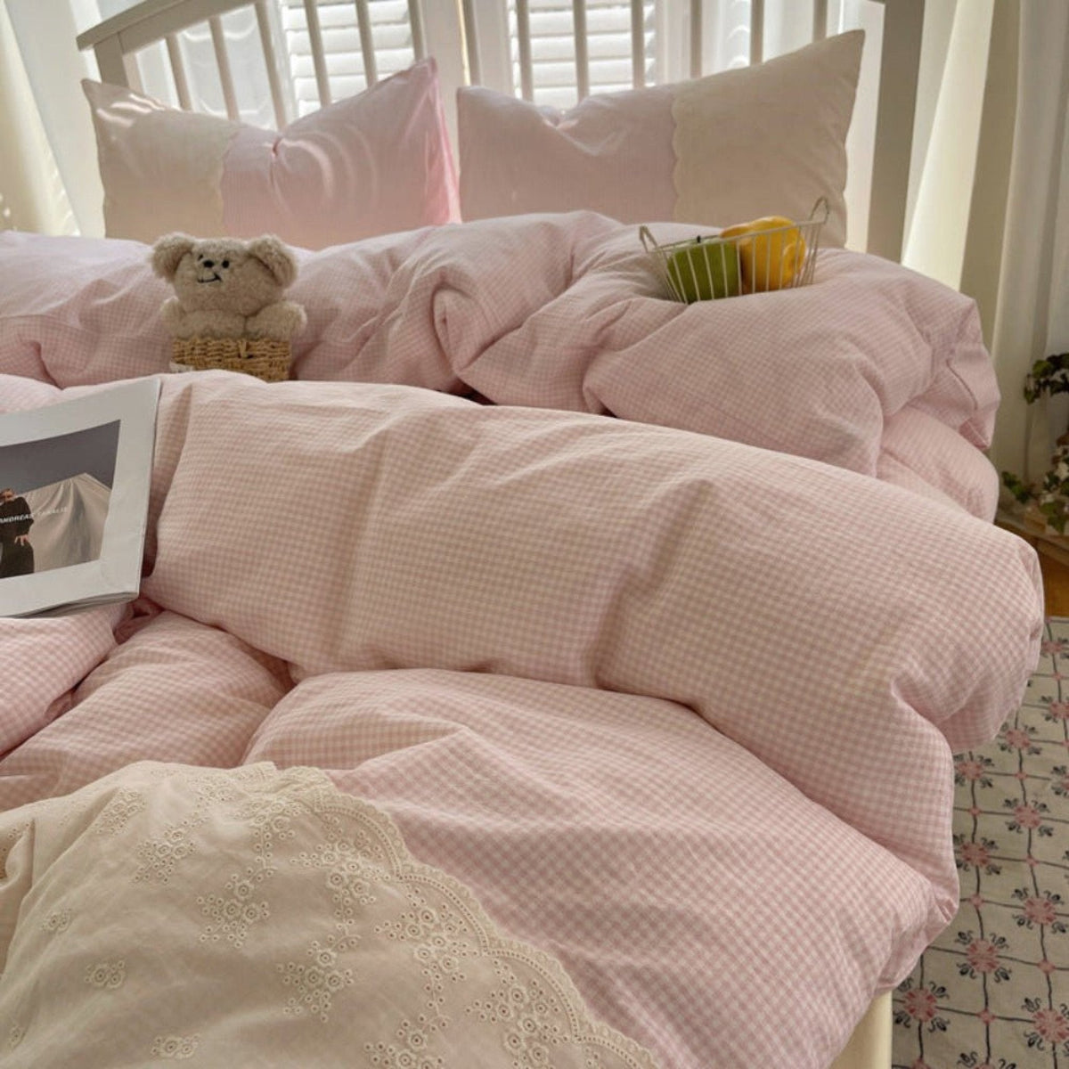 Sophia Gingham Lace Washed Cotton Bedding Set / Pink