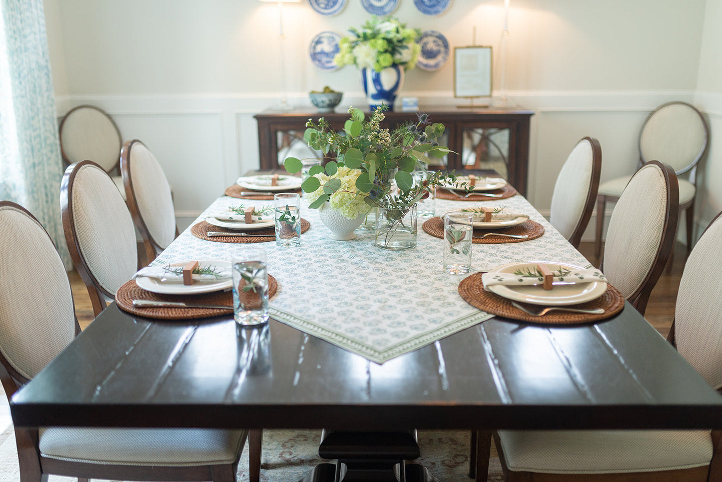 Table Throw | Lotus, Sage & Uniform Blue with Sage Vine Border The Mended Company