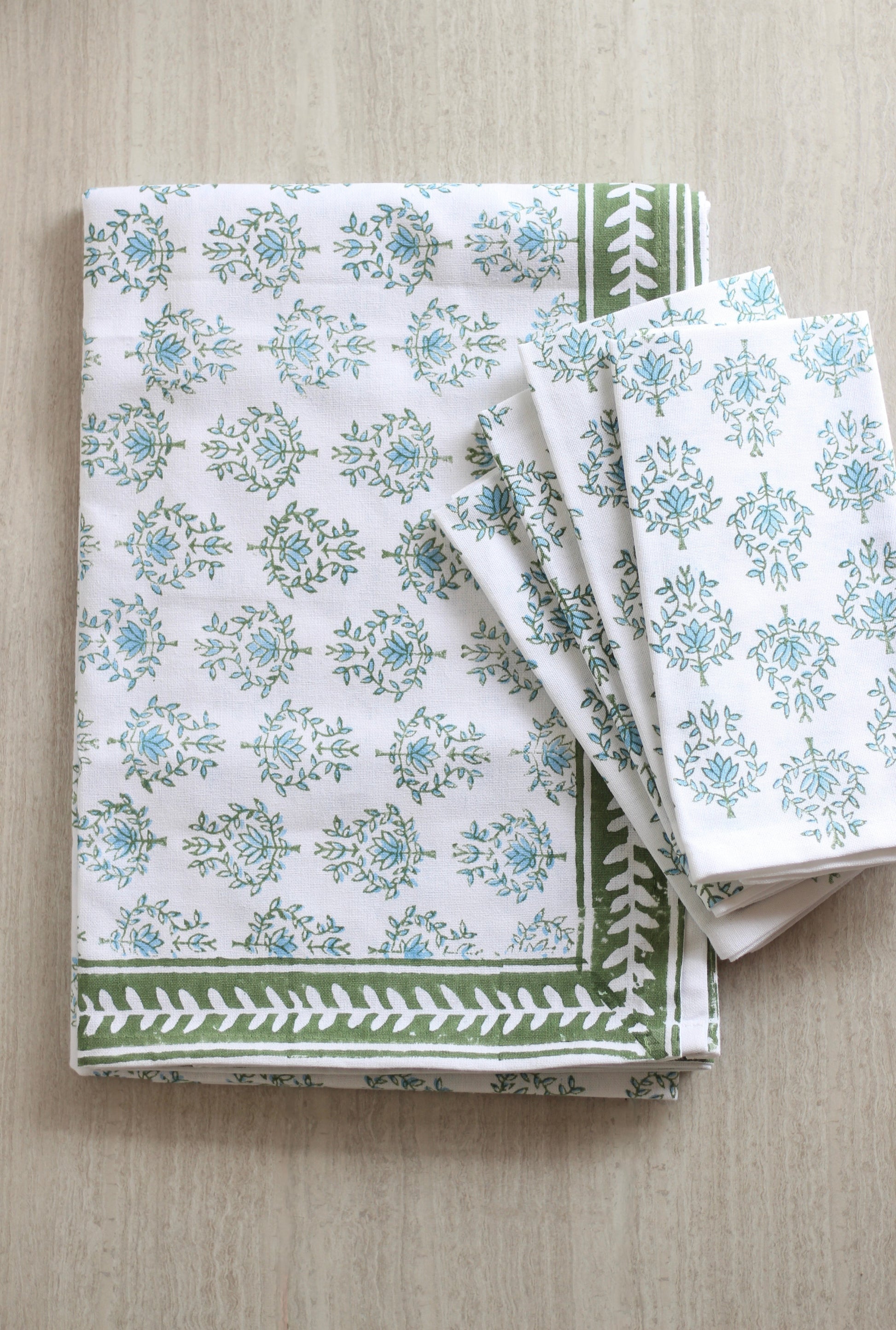 Table Throw | Lotus, Sage & Uniform Blue with Sage Vine Border The Mended Company