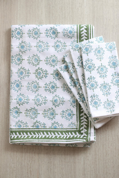Table Throw | Lotus, Sage & Uniform Blue with Sage Vine Border The Mended Company