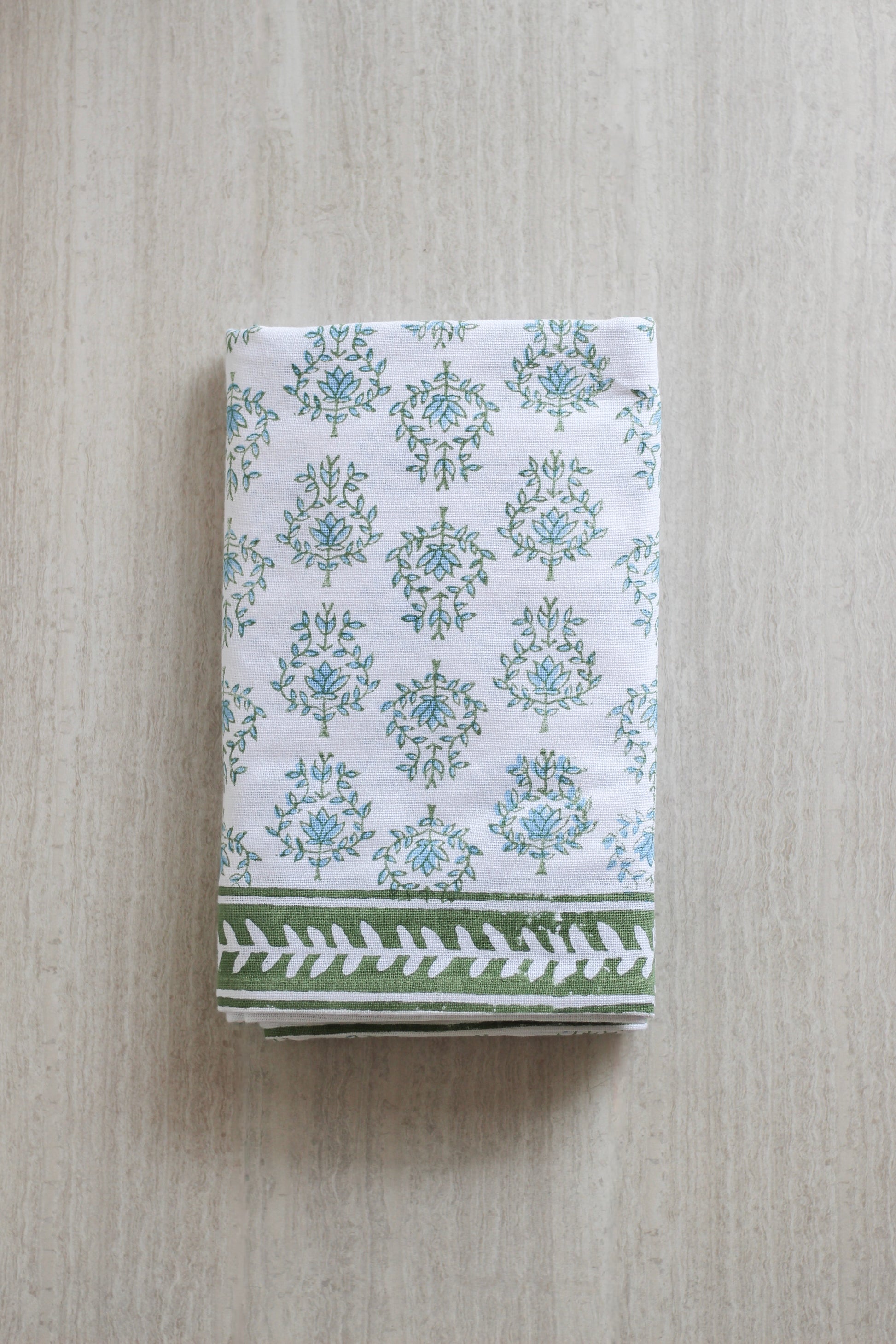 Table Throw | Lotus, Sage & Uniform Blue with Sage Vine Border The Mended Company
