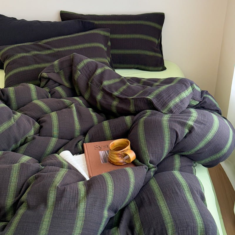 Vintage Striped Washed Cotton Bedding Set / Khaki & Purple