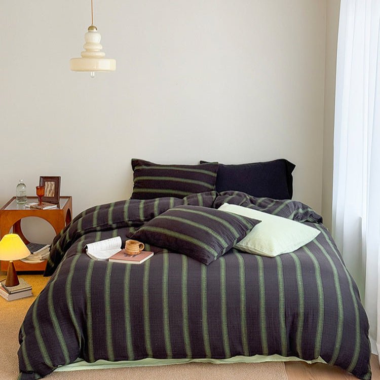 Vintage Striped Washed Cotton Bedding Set / Khaki & Purple