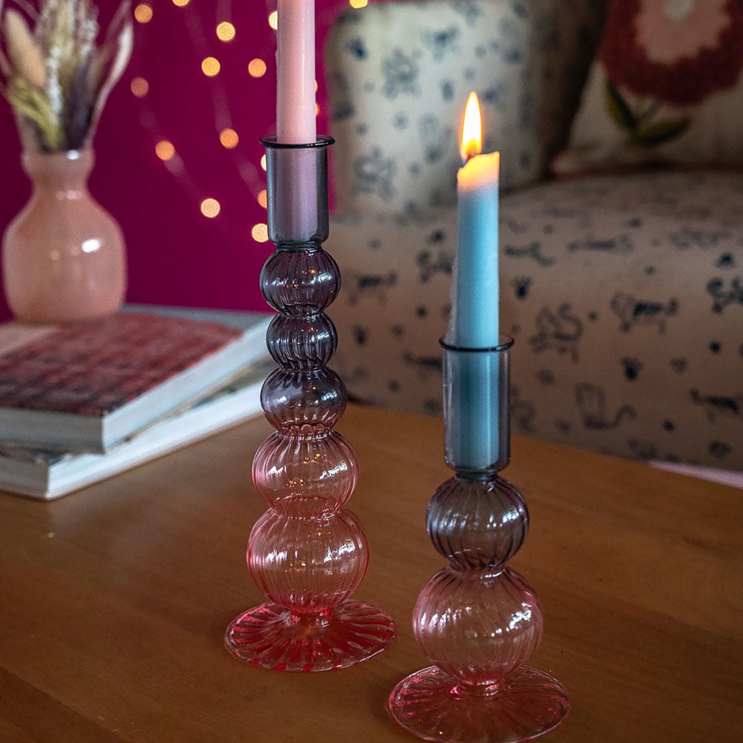 Retro wavy Candle Holders Set of 2 | Pink